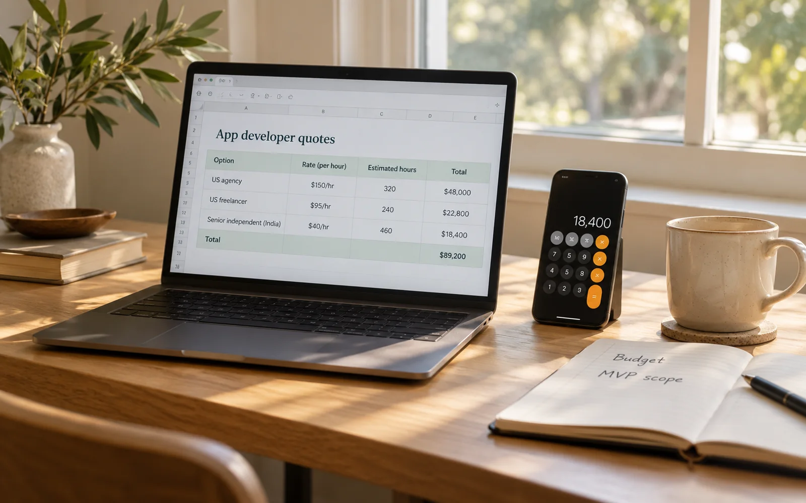 A laptop on an oak desk showing a spreadsheet comparing app developer quotes, next to a phone calculator and a notebook with budget notes