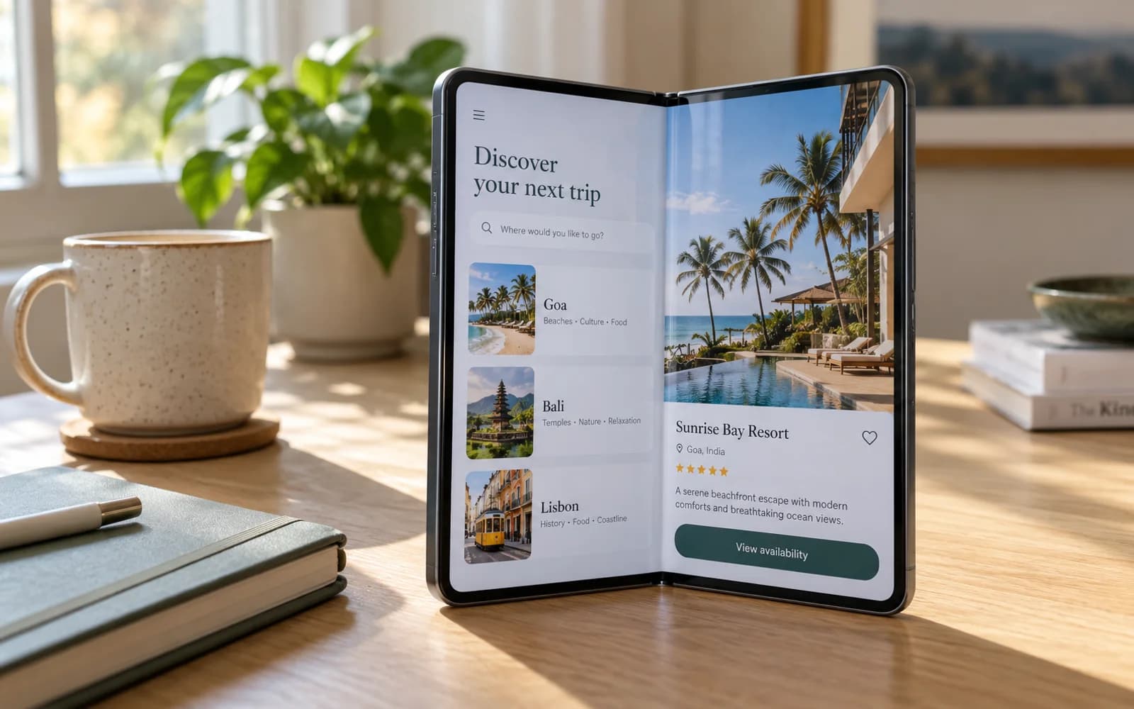 A foldable phone standing half open on an oak desk, its inner screen showing a travel app with a destination list on one side and hotel details on the other
