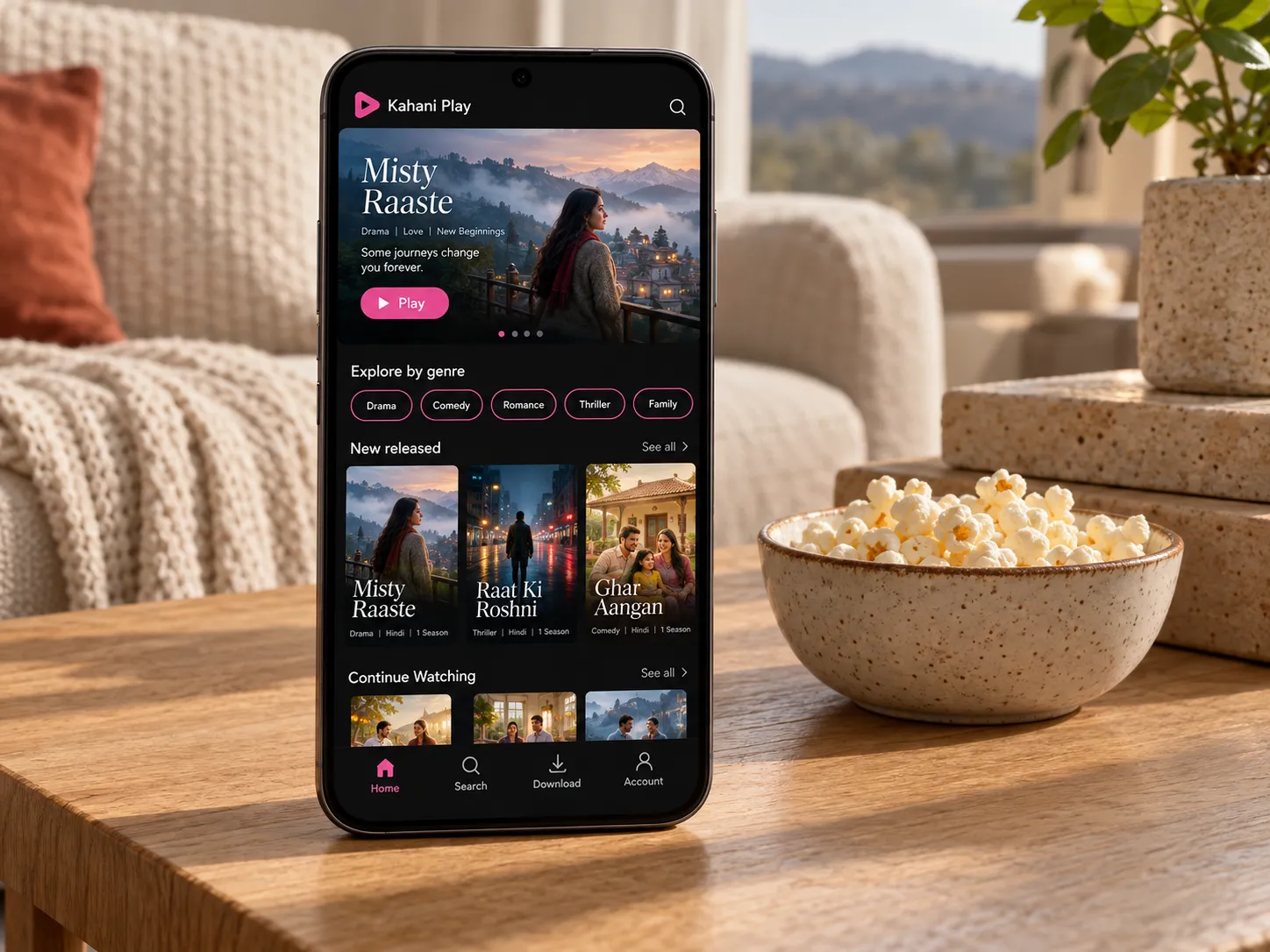 The home screen: a featured series, genre chips and new releases
