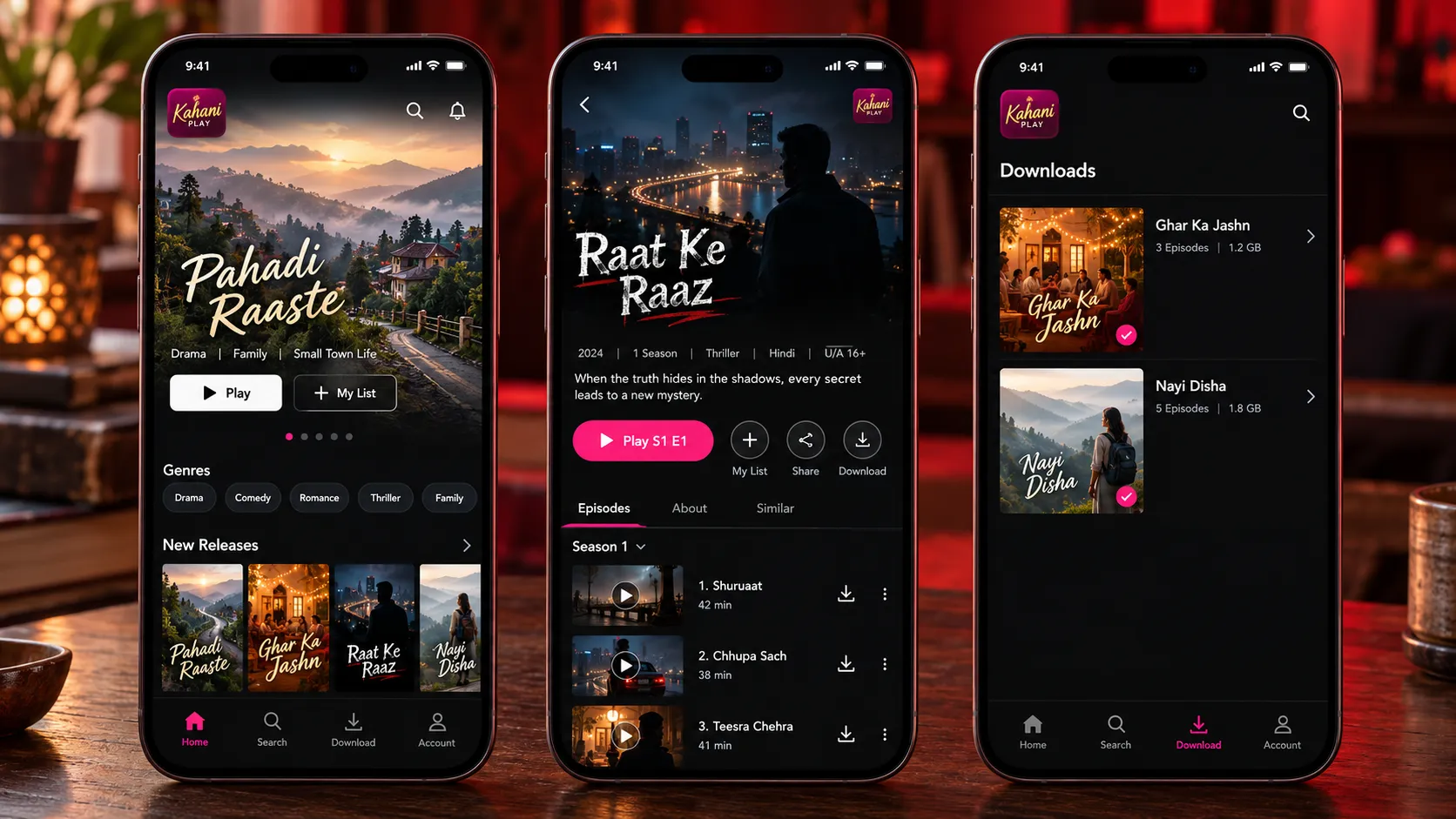 Home, a series with its episode list, and offline downloads