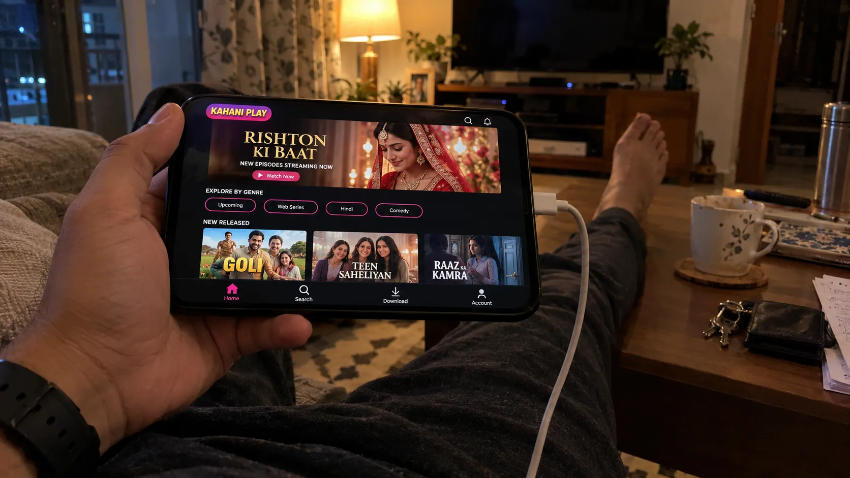 Watching a series on the Kahani Play app on a phone at home in the evening