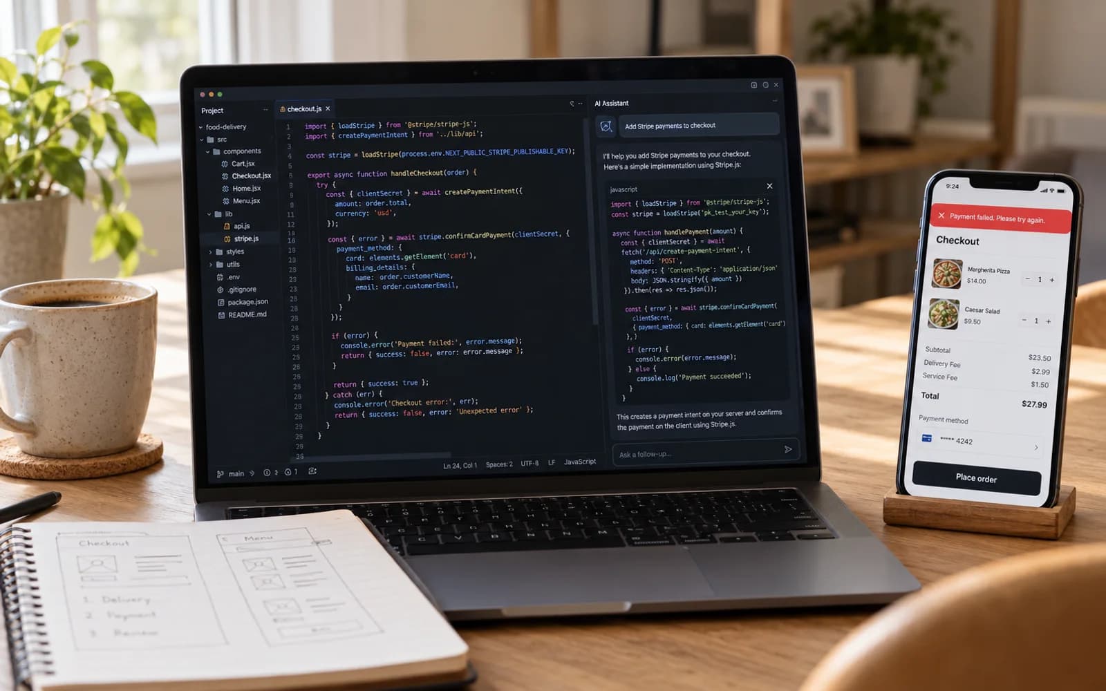A laptop showing a code editor with an AI assistant adding Stripe payments, next to a phone on a stand showing a food delivery checkout with a payment failed error