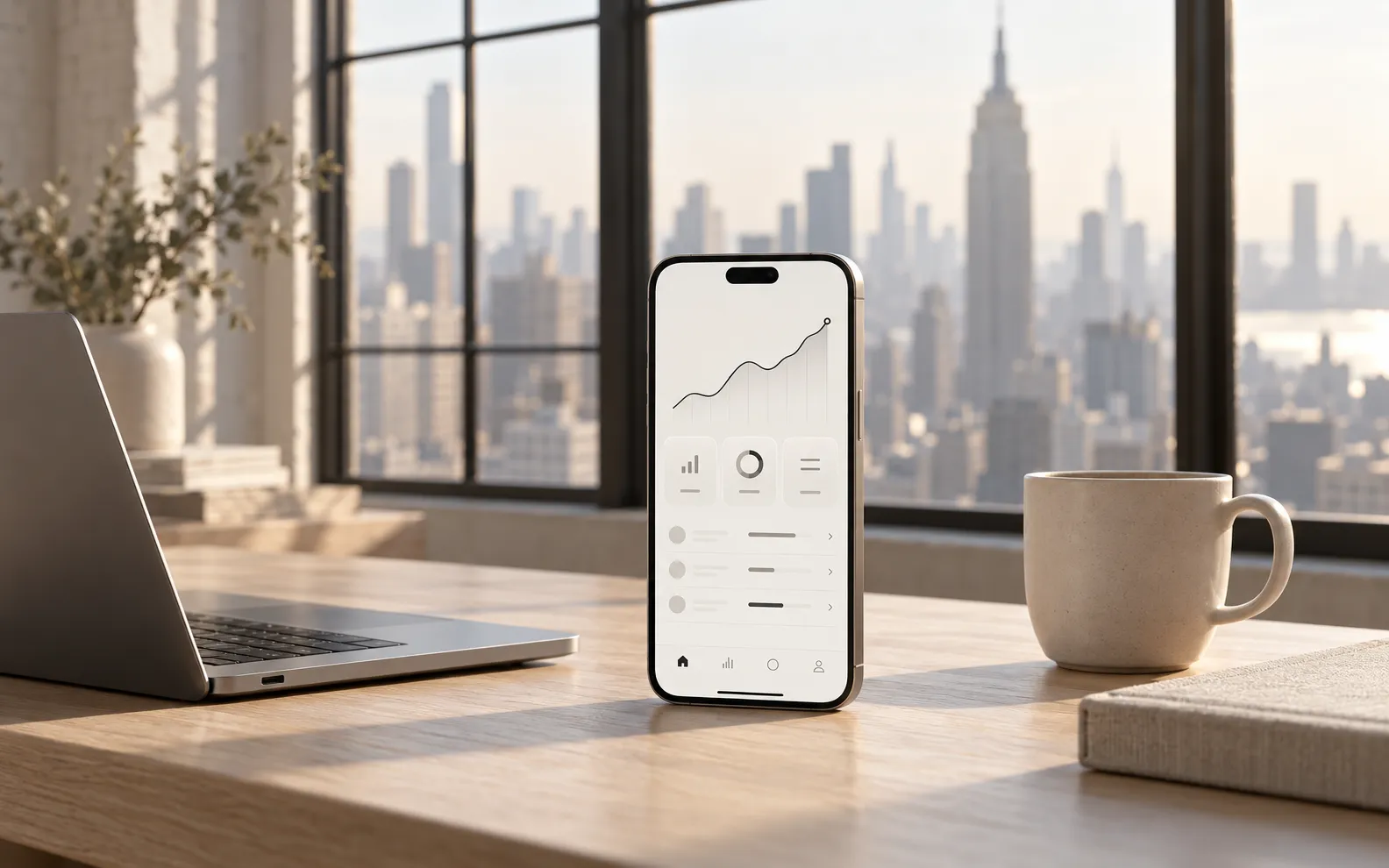 A phone with a startup dashboard on a desk in a New York loft studio