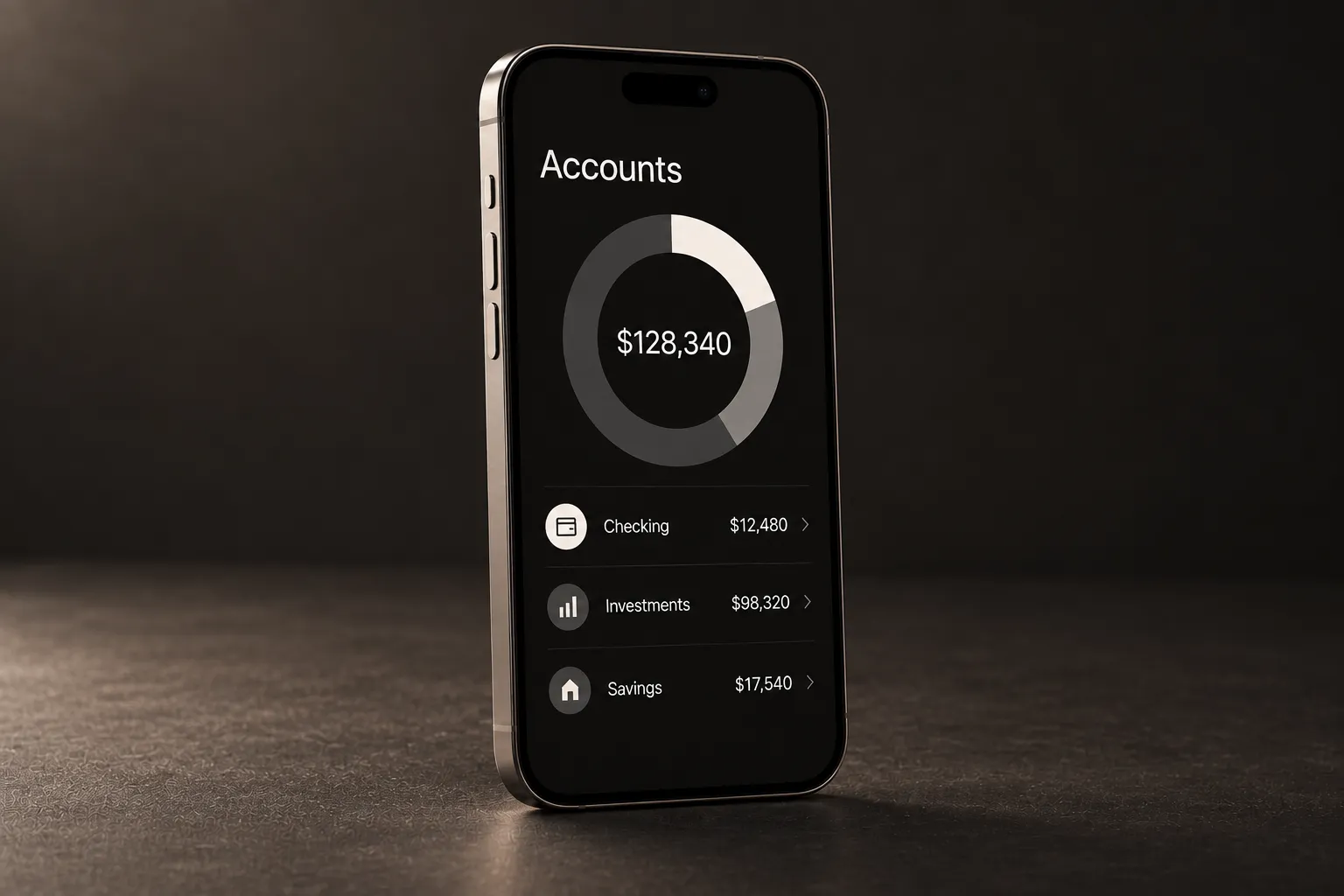 Accounts screen with balances and a monochrome chart