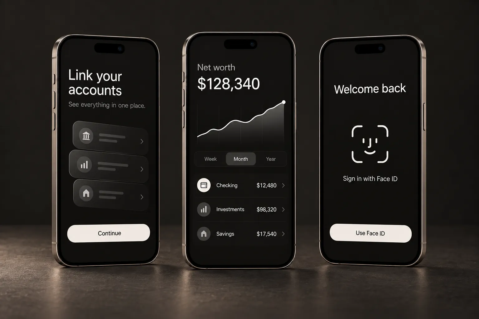 Onboarding, dashboard and Face ID sign-in screens
