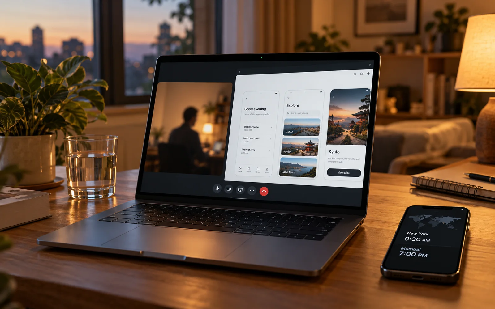 A laptop showing a video call and a shared app design, next to a phone with world clocks for New York and Mumbai