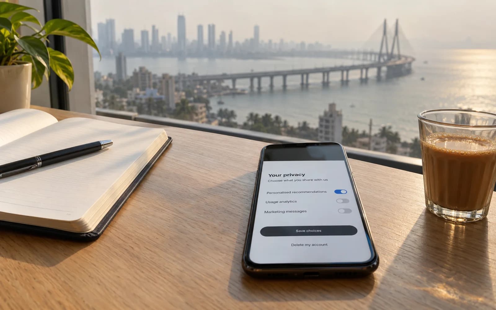 A phone on a desk in Mumbai showing an app privacy screen with toggles for recommendations, analytics and marketing, next to a notebook and a glass of chai
