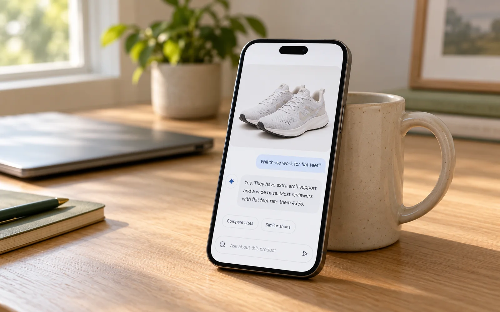 A phone leaning on a mug on an oak desk, showing a shopping app where an AI assistant answers whether a pair of running shoes suits flat feet