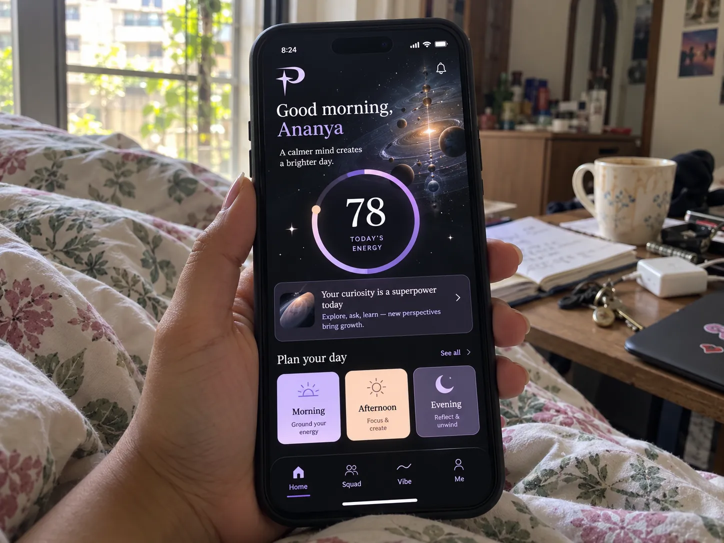 The Pulse app's morning reading with the daily energy dial, checked in bed