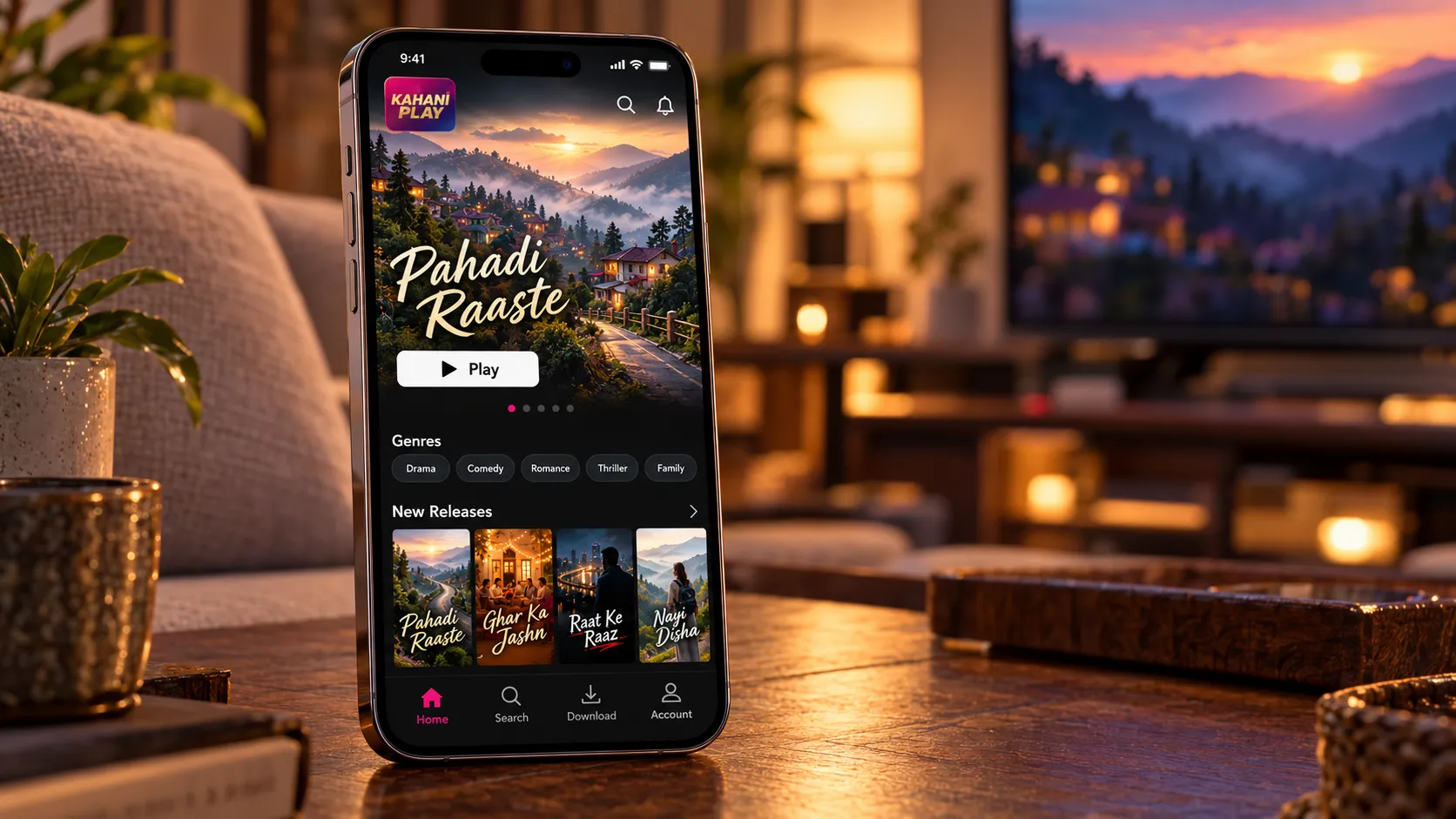 The Kahani Play streaming app on a phone in a living room lit by a TV