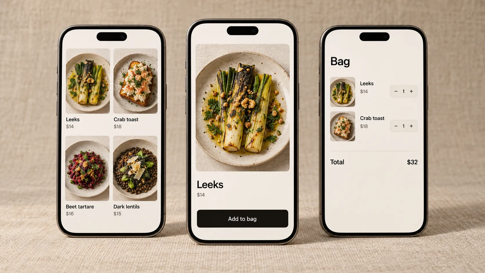 Three phones showing the Mise ordering flow: menu, dish and bag