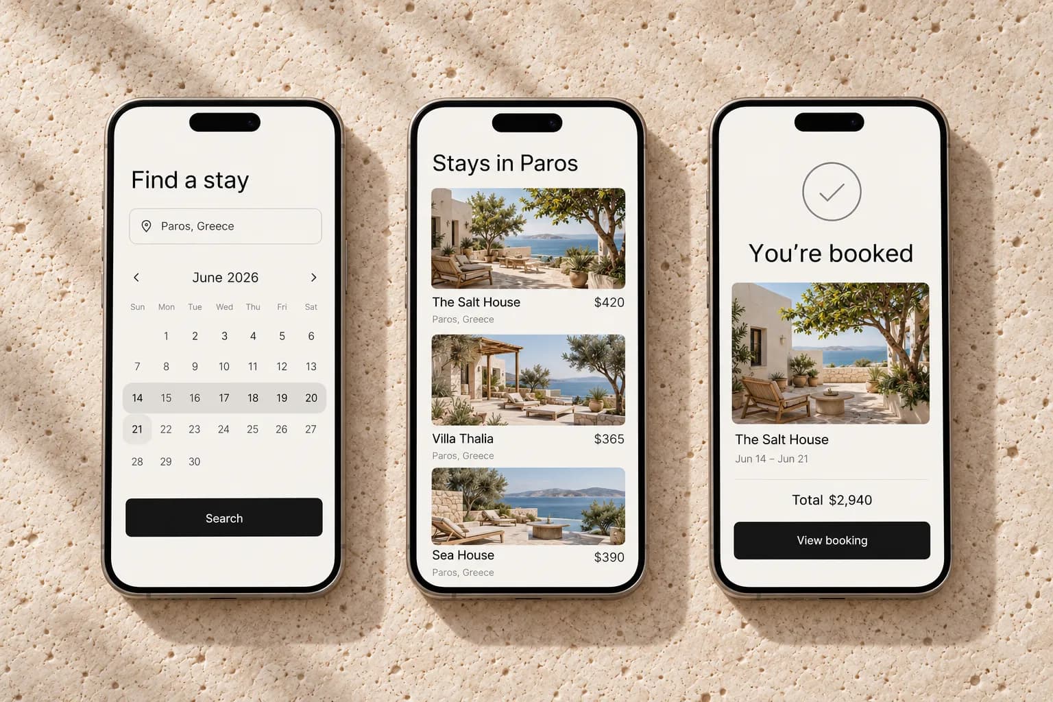 Search, stay list and booking confirmation screens