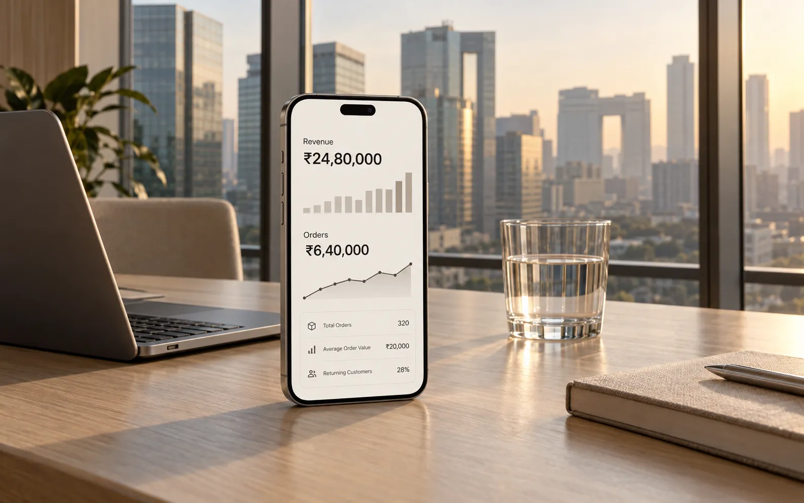 A phone with a business dashboard on a meeting table in a Gurugram office tower