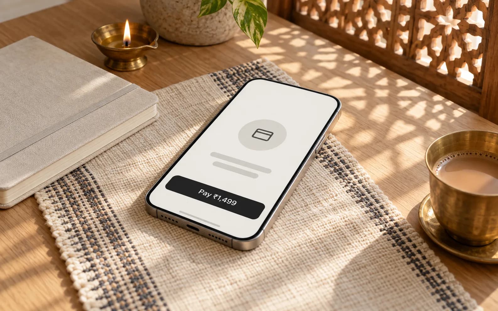 A phone with a payments app on a wooden desk in a warm Indian home studio