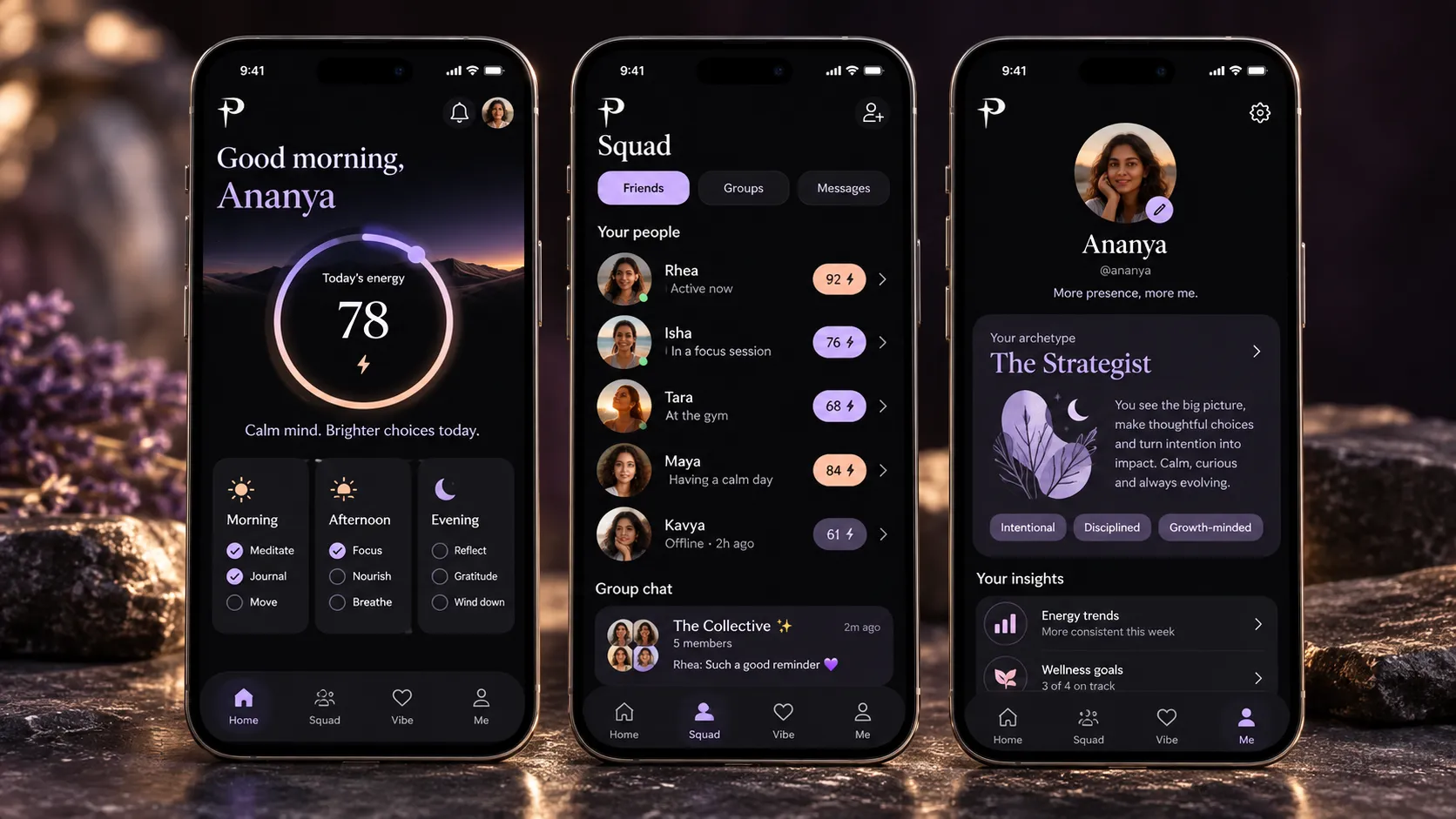 Home with the energy dial, the Squad tab and the personality card
