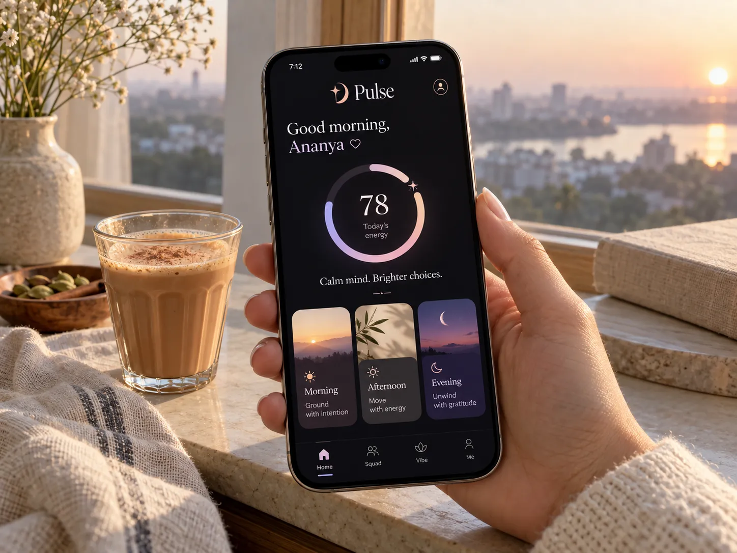 The Pulse app's daily energy dial on an iPhone held above a glass of chai at sunrise